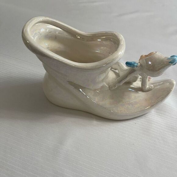 Lefton Pixie Fairy Elf Iridescent Luster Elf Boot Shoe Planter 6” X 4 Vtg Japan - Picture 7 of 9